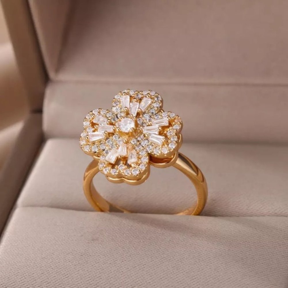 Gold Plated Rotating Four Clover Adjustable Ring